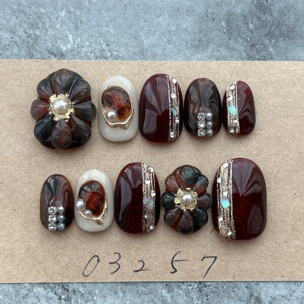 ネイルチップニュアンスべっ甲花深みボルドー大人948