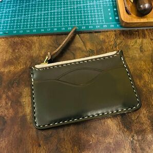 新品手作り カードケース 小銭入れ ホーウイン CXL 茶芯レザー オリーブ ホーウインスタンプあり