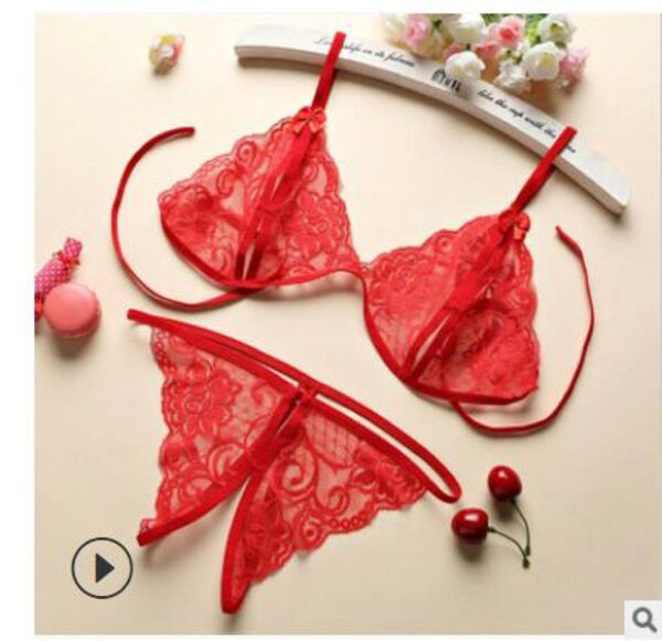 セクシーランジェリー ブラショーツセット シースルー ショーツ 下着 オープンクロッチ Tバック 紐ブラ レッド(1350)