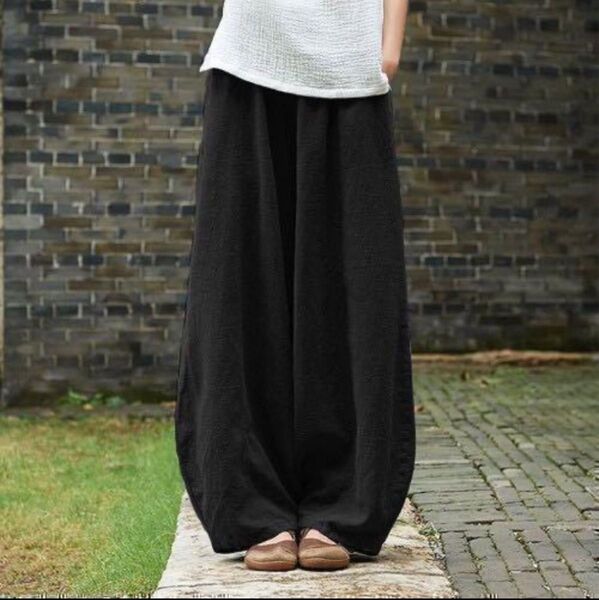 アジアン エスニック サルエル ロングパンツ 黒 無地 ゴム 綿 ワイドパンツ