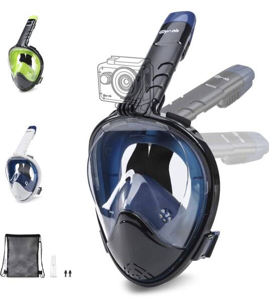 シュノーケルマスク シュノーケリング フルフェイス型 180°超広角 曇り防止 ブラック+ブルー L / XL:12cm以上に適しています