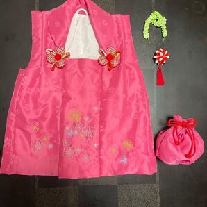 七五三 3歳 被布コート2歳 4歳 被布 女の子 ピンク 巾着 髪飾り セット 蝶々 刺繍