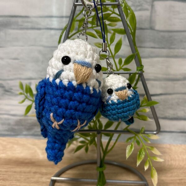 セキセイインコちゃんのあみぐるみストラップ2点セット A ハンドメイド