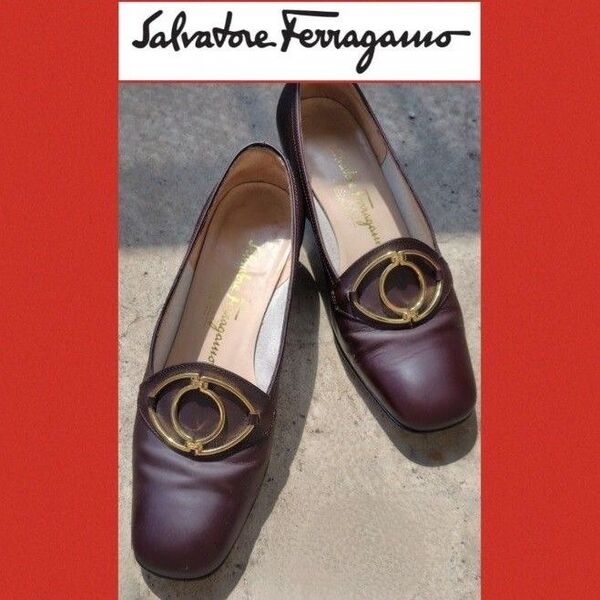 Salvatore Ferragamo フェラガモ パンプス ローヒール ブラウン系 5 1/2 約22.5〜23cm