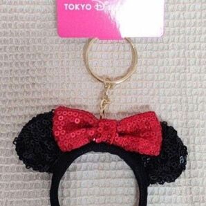 TDR ミニチュア カチューシャ ミニー キーホルダー 黒に赤リボン ディズニー スパンコール