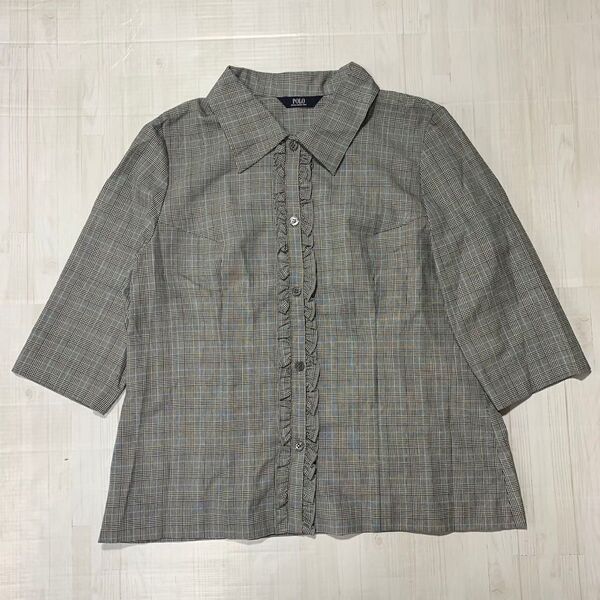 POLO 《15R》 フリルカラーチェックシャツ ガーリー 大きいサイズ 薄手 半端袖 7分袖