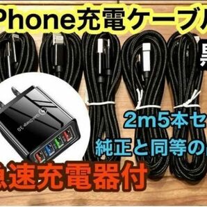 ☆新品☆ iPhone ケーブル ◎USB急速充電器付◎ 【黒2m x5本】