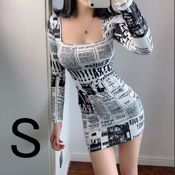 新品 セクシー ワンピース スクエアネック ロングスリーブ ボディコン 英字柄 S