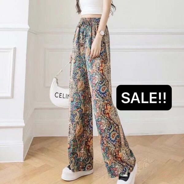 ワイドパンツ テロテロパンツ レディース サラテロ サテン 柄 日除け おしゃれ