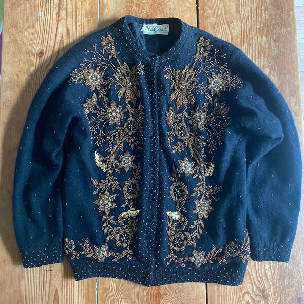 【vintage】Mon Canari ニットカーディガン 花柄 刺繍 ビーズ ビジュー ブラック×ゴールド 古着