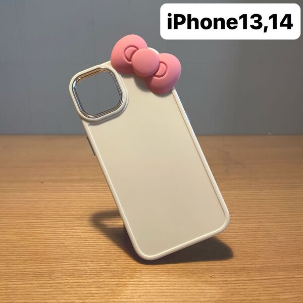 ★iPhone13★iPhone14★スマホケース キティちゃん 可愛いでかリボン ホワイト 白