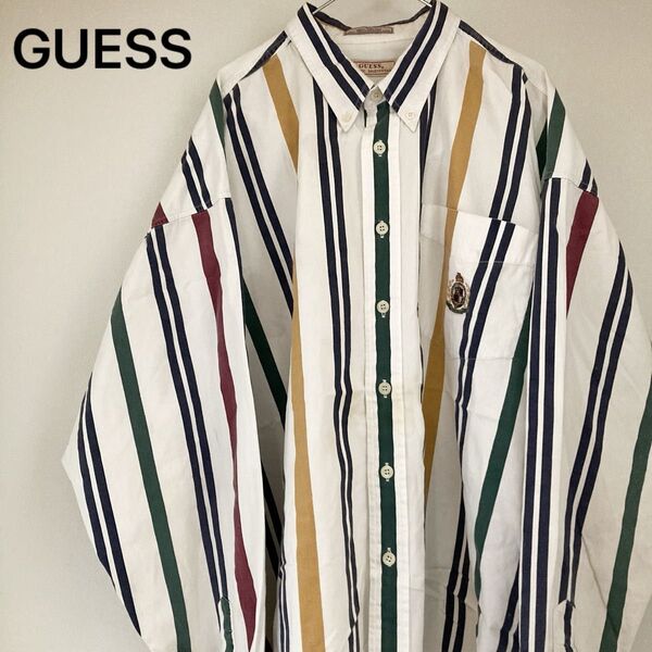 GUESS ゲス 90s マルチストライプBDシャツ 刺繍ロゴ