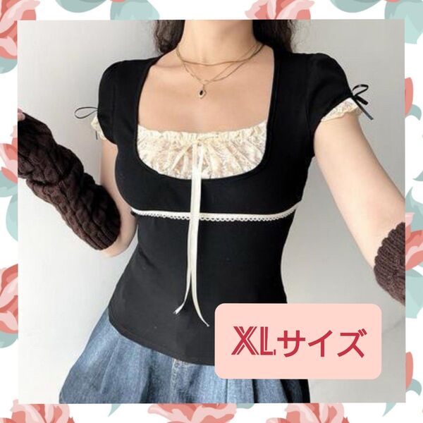 【バレエコア】Y2K リボン トップス Tシャツ レース フェアリーグランジ コケット XL
