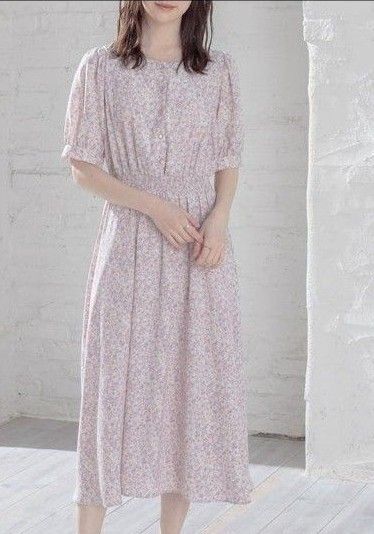未使用に近い Honeys 花柄ワンピース ロングワンピース スクエアネック ボリューム袖 パフ袖 半袖