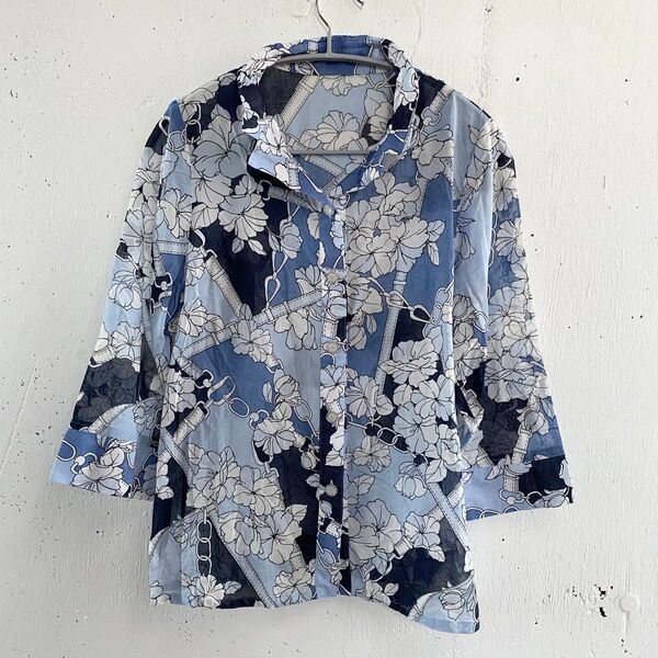 涼しげ◎花柄デザインシャツ/七分袖/さらっと素材/透け感シャツ 綿100%