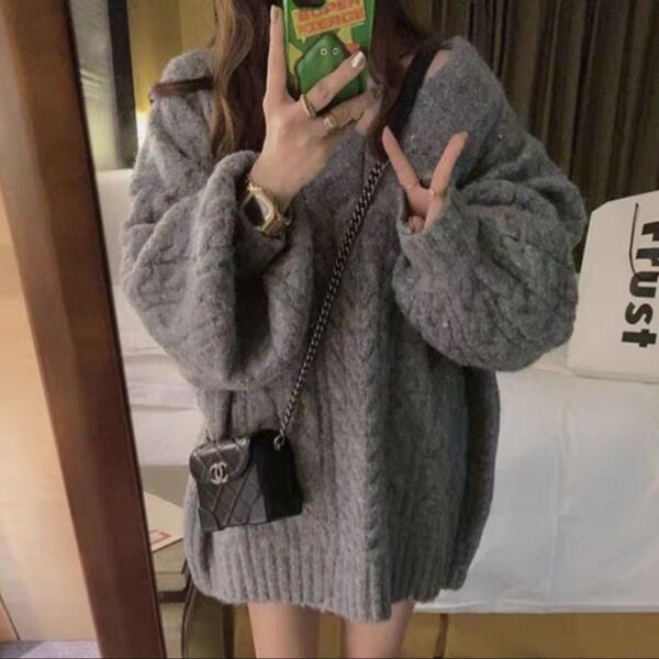 ニット セーター オーバーサイズ Vネック グレー トップス 長袖ニット 可愛い