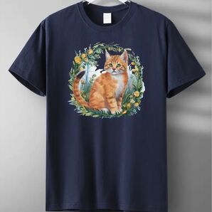 子猫とお花♪ 半袖Tシャツ ネイビー Sサイズ