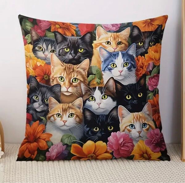 猫とお花 クッションカバー 45 × 45センチ