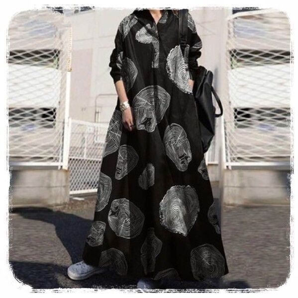 ロングワンピース シャツワンピース マキシ丈 ボタニカル ドット サークル 体型カバー 大きいサイズ マタニティ Aライン 韓国