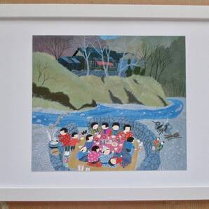 原田泰治の世界3-25「おひながゆ/群馬県多野郡上野村」印刷物 画集画 A4新品額入り スタンド付き