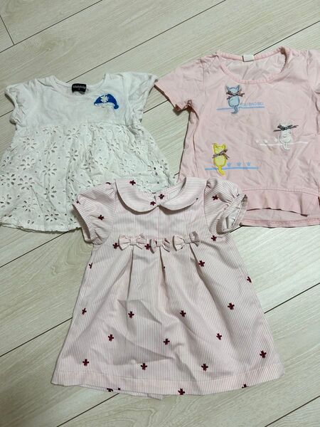 女の子ベビー・キッズ トップス 半袖 3点(白、ピンクリボン、猫イラストTシャツ)