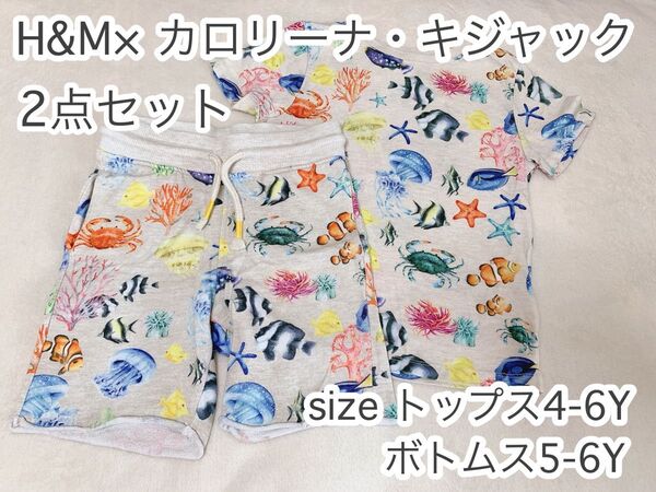 お得な2点!H&Mx カロリーナ・キジャック コラボ 半袖 Tシャツ 半ズボン セットアップ 海の生き物 上4-6Y 下5-6Y
