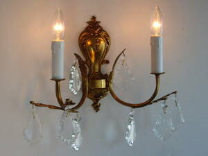 フランスアンティーク ブラケット ２灯 電球付き シャンデリア ライト ランプ 照明 壁掛け ウォール クリスタル ドロップ ブロンズ 青銅