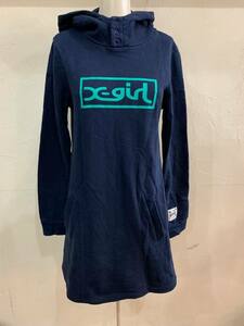 F79*X-girl/ X-girl box Logo embroidery long sleeve Parker tunic size 1 navy series sweatshirt long sleeve lady's sport USED *