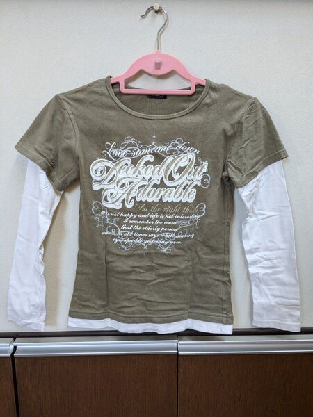 Tシャツ ロゴ プリント カットソー トップス ホワイト カーキ キッズ 150cm 長袖