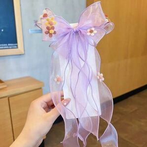 【大人気】子供用髪飾り グラデーションリボン 髪留め 韓国 紫・パープル