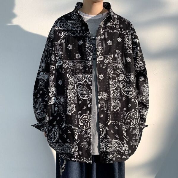 【大人気】ペイズリー柄 シャツ 黒 メンズ カジュアル 韓国 レトロ L XL