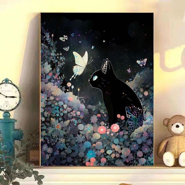 蝶恋猫8 DIY 数字油絵 塗り絵 手芸キット 絵画 絵具付 数字絵 大人の塗り絵 油絵 ペイントバイナンバー 蝶々 猫 数字絵