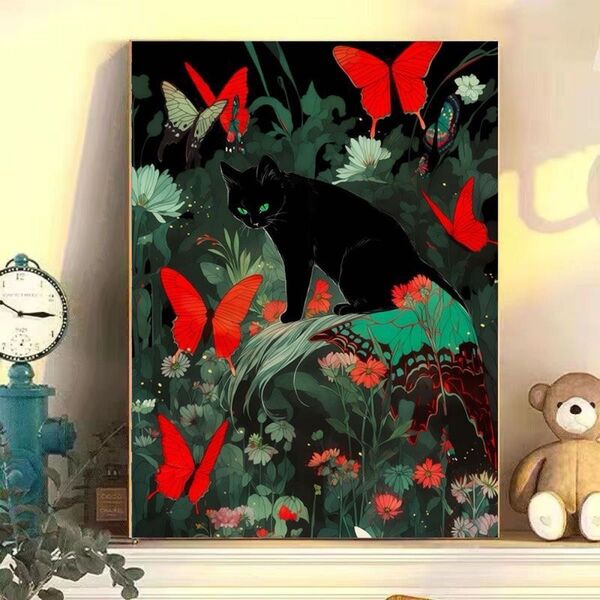 蝶恋猫7 DIY 数字油絵 塗り絵 手芸キット 絵画 絵具付 数字絵 大人の塗り絵 油絵 ペイントバイナンバー 蝶々 猫 数字絵