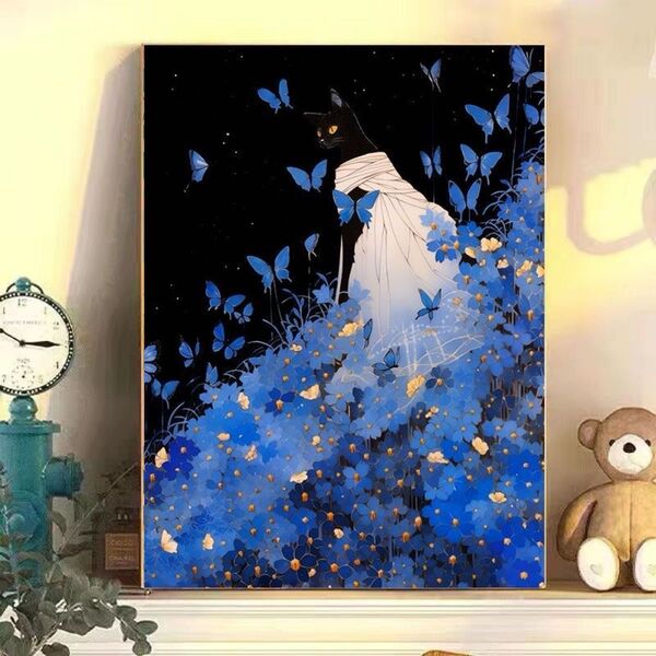 蝶恋猫6 DIY 数字油絵 塗り絵 手芸キット 絵画 絵具付 数字絵 大人の塗り絵 油絵 ペイントバイナンバー 蝶々 猫 数字絵