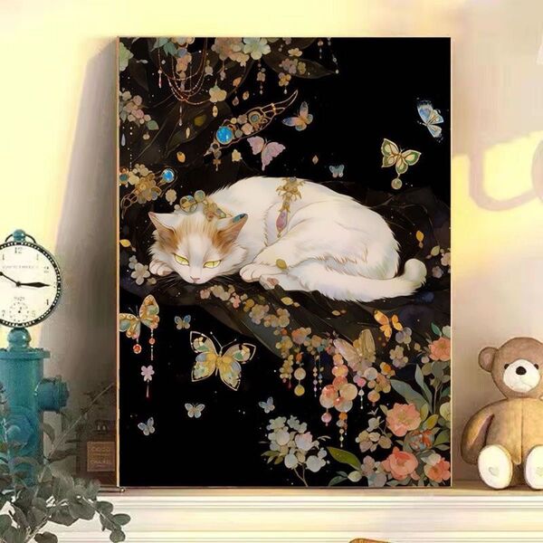 蝶恋猫2 DIY 数字油絵 塗り絵 手芸キット 絵画 絵具付 数字絵 大人の塗り絵 油絵 ペイントバイナンバー 蝶々 猫 数字絵