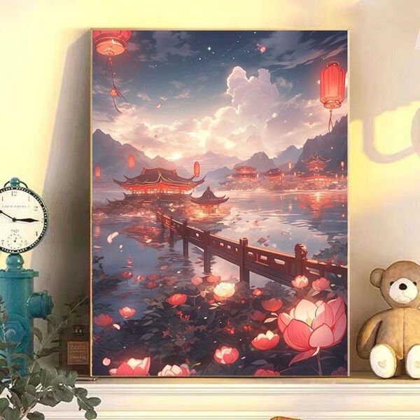 華灯2 DIY 数字油絵 塗り絵 手芸キット 水海 木 景色 絵画 絵具付 数字絵 大人の塗り絵 油絵 ペイントバイナンバー 灯篭