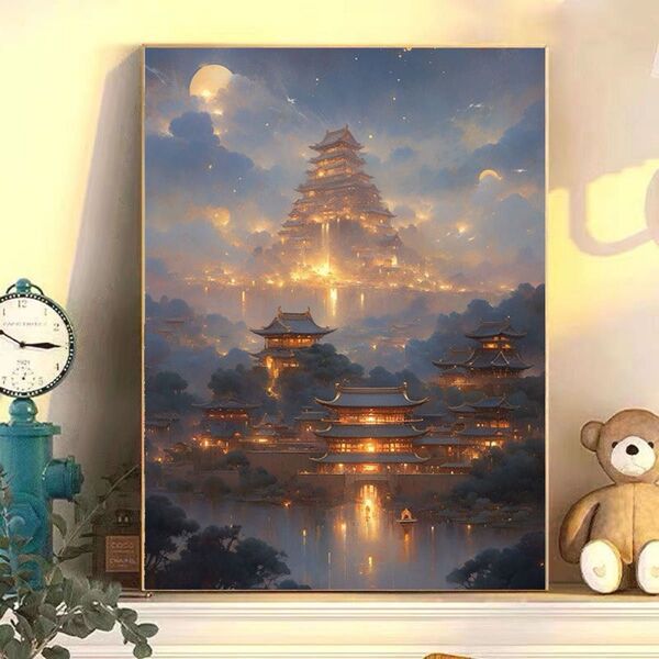 華灯5 DIY 数字油絵 塗り絵 手芸キット 水海 絵画 絵具付 数字絵 大人の塗り絵 手彩色 フリー素材 画像データ 灯篭 城