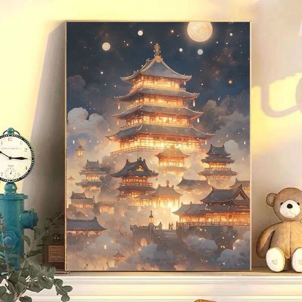 華灯6 DIY 数字油絵 塗り絵 手芸キット 水海 絵画 絵具付 数字絵 大人の塗り絵 額装 画像データ フリー素材 灯篭 城