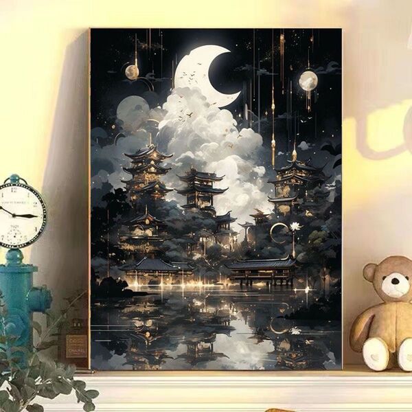 華灯7 DIY 数字油絵 塗り絵 手芸キット 水海 絵画 絵具付 数字絵 大人の塗り絵 額装 絵画 玄関装飾画 現代 背景装飾画