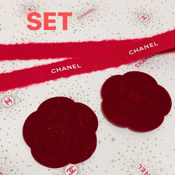 CHANEL シャネル ホリデー限定 カメリアステッカー 2枚 & クリスマス限定 ラッピングリボン