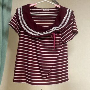 アクシーズファム 半袖 ラウンドカラー ボーダー カットソー レディース M エンジ リボン レース