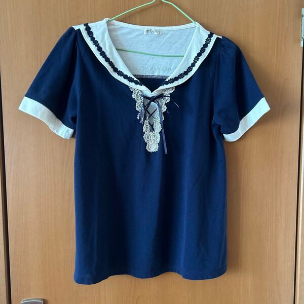 アクシーズファム セーラーカラー ネイビー 半袖 カットソー ブラウス トップス レディース M フリル リボン 半袖Tシャツ