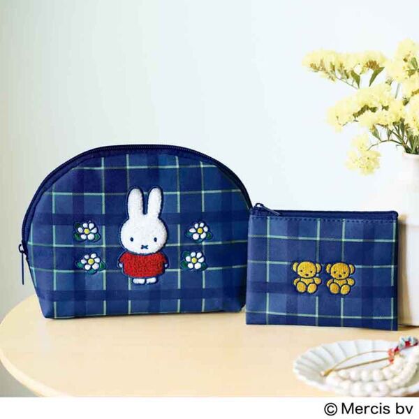 リンネル 2024年9月号増刊付録 miffy ミッフィー さがら織&刺しゅう チェック柄ポーチ