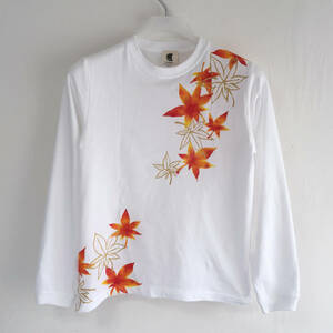 手書き舞紅葉柄袖リブロングTシャツ S ホワイト 長袖 秋冬 白　和柄　和風