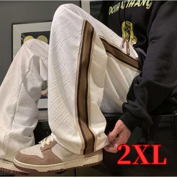 メンズ ズボン スウェット ライン ホワイト 白 2XL ゆったり 茶色ライン