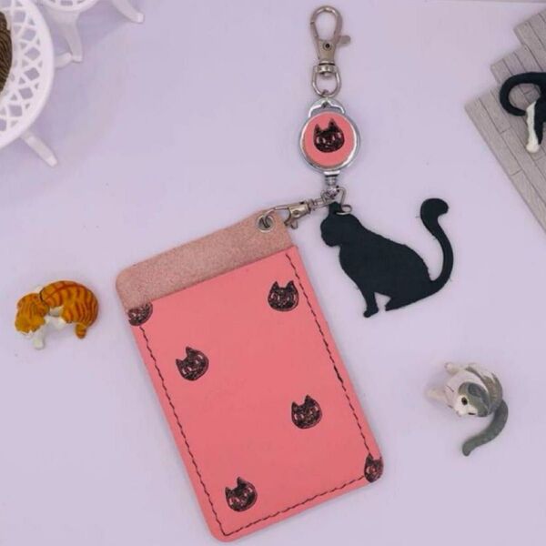 本革 牛革 リールパスケース 両面ポケット カードケース ねこ 猫 ハンドメイド 猫 ネコ キーホルダー カードケース ピンク