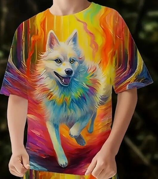 送料無料!Tシャツカラフルな走る白犬・欧米規格170(日本のLサイズ)tシャツ・シャツメンズレディース・おしゃれ・美しい