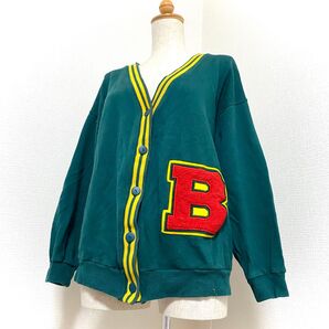 90's コットン100% 綿 日本製 アメリカンレトロ 昭和レトロ ヴィンテージ ビッグ アップリケ カーディガン