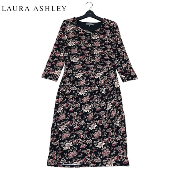 美品 LAURA ASHLEY ローラアシュレイ ジャージー素材 ストレッチ フラワー 花柄 和柄 タックデザイン ワンピース