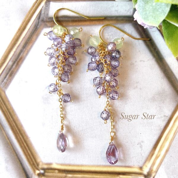 14kgf シャラシャラ藤の花ピアス イヤリング 天然石 ハンドメイド